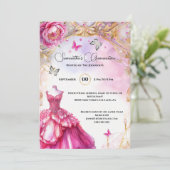 Invitation Pony quinceañera rose fleurs de lune élégante (Debout devant)