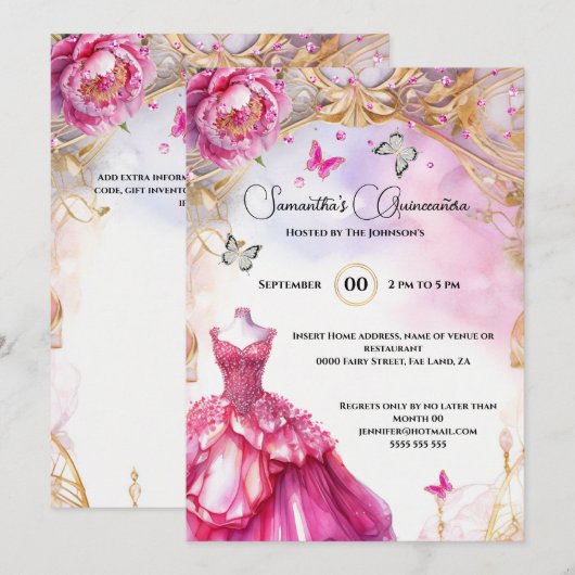 Invitation Pony quinceañera rose fleurs de lune élégante (Devant / Derrière)