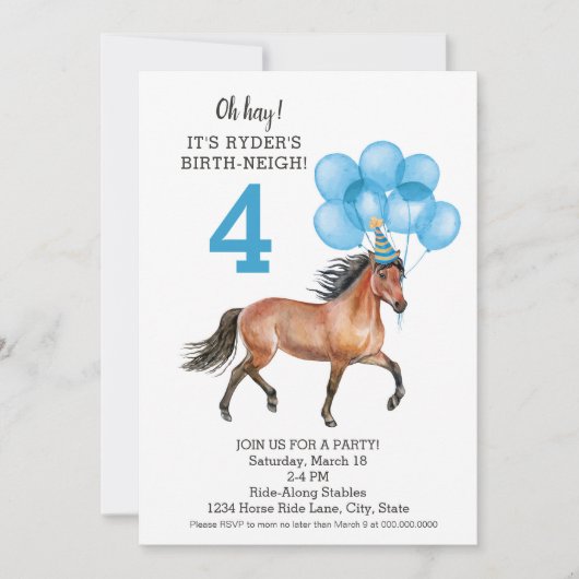 Invitation Pony Ride Blue Anniversaire Fête // Horse Naissanc (Devant)