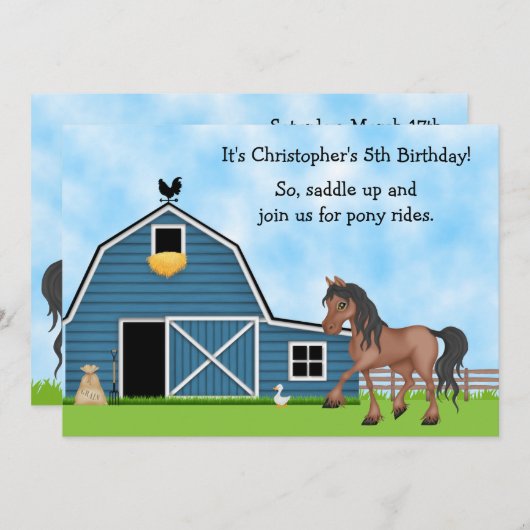 Invitation Pony Rides Équitation Garçons Anniversaire Invitat (Devant / Derrière)
