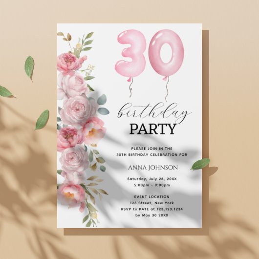 Invitation Pony rose Floral Balloon 30e fête d'anniversaire