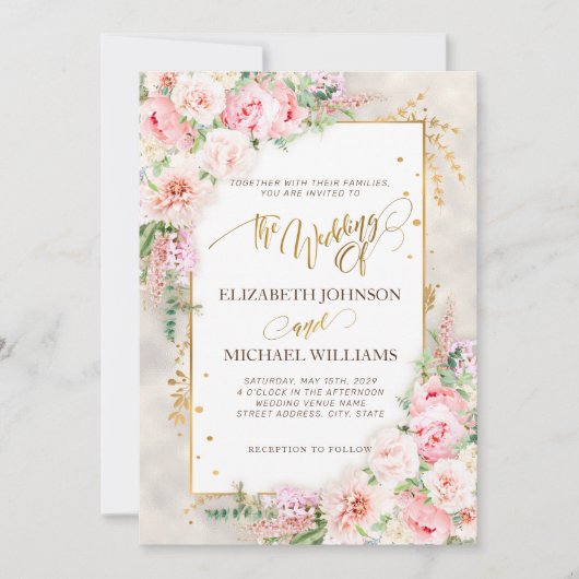 Invitation Pony rose Floral Gold Script & Frame (Devant)