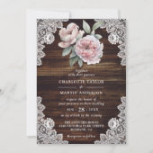 Invitation Pony rose Rustique dentelle de bois Mariage floral (Devant)