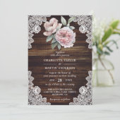 Invitation Pony rose Rustique dentelle de bois Mariage floral (Debout devant)
