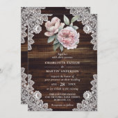 Invitation Pony rose Rustique dentelle de bois Mariage floral (Devant / Derrière)