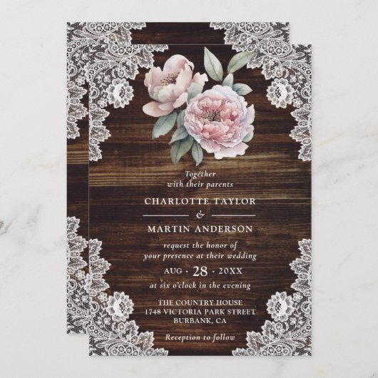 Invitation Pony rose Rustique dentelle de bois Mariage floral (Devant / Derrière)