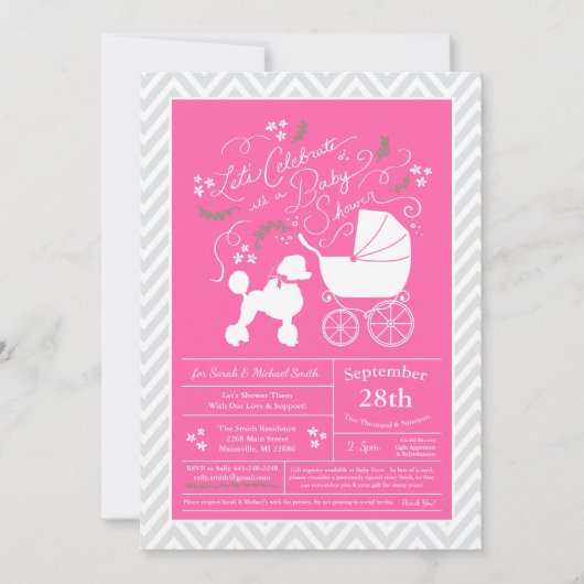 Invitation Poodle Baby shower Chien Français Chiot Rose Girl (Devant)