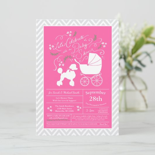Invitation Poodle Baby shower Chien Français Chiot Rose Girl (Debout devant)