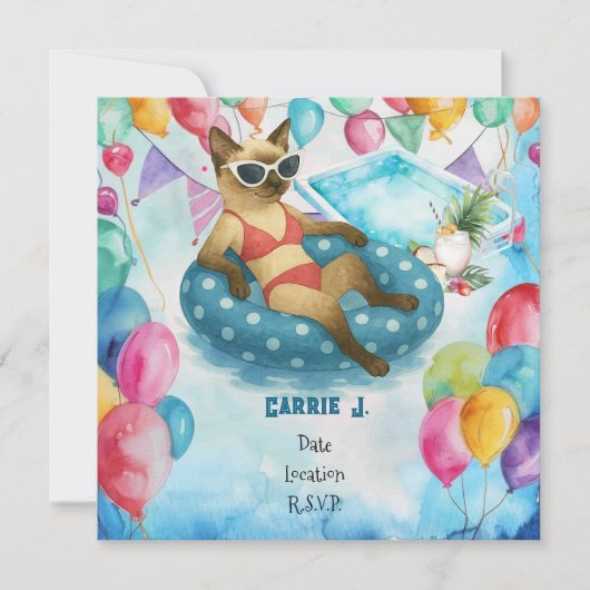 Invitation Pool Birthday Party for Cat Lovers (Devant)