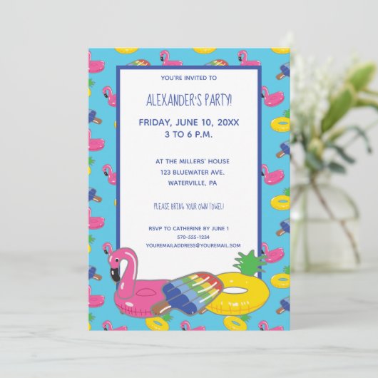 Invitation Pool Float Patterned Pool Party Personnalisé (Debout devant)