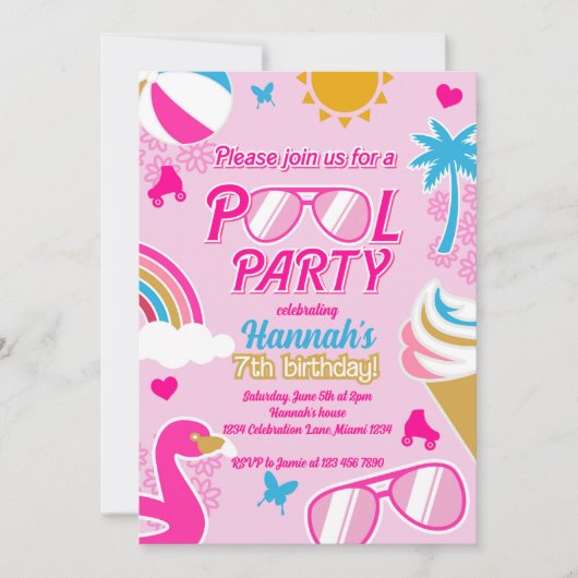 Invitation Pool Party 7e anniversaire fille Malibu poupée été (Devant)