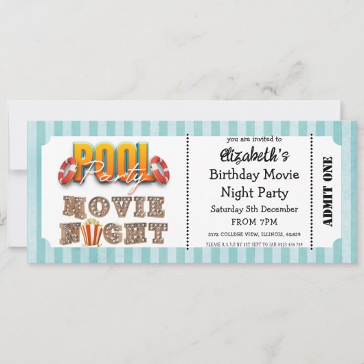 Invitation Pool Party and Movie Night Ticket Style (Devant)