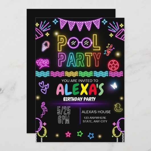 Invitation Pool Party Anniversaire Invitation, Neon Party (Devant / Derrière)