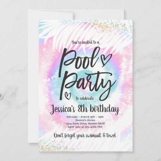 Invitation Pool Party Anniversaire Pink Tie Tee Pool Party (Devant)