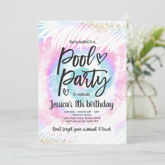 Invitation Pool Party Anniversaire Pink Tie Tee Pool Party (Debout devant)