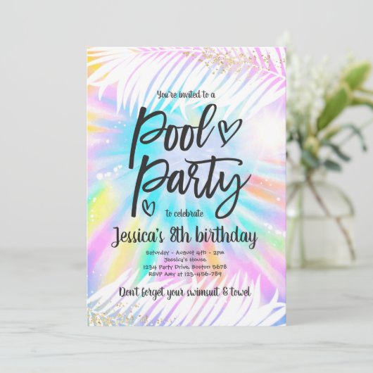 Invitation Pool Party Anniversaire Rose Tie Dye Girly Pool Pa (Debout devant)