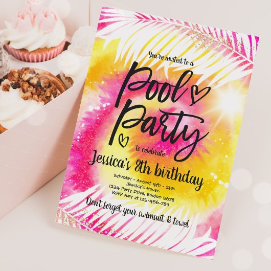 Invitation Pool Party Anniversaire Rose Tie Dye Girly Pool Pa