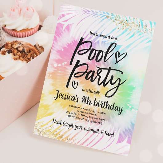 Invitation Pool Party Anniversaire Rose Tie Dye Girly Pool Pa