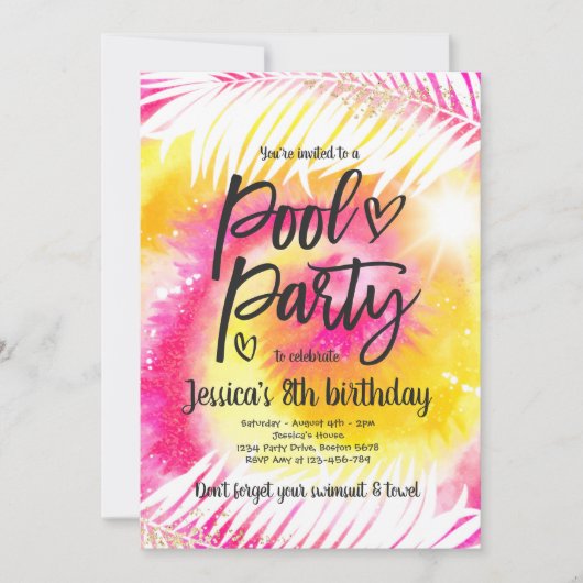 Invitation Pool Party Anniversaire Rose Tie Dye Girly Pool Pa (Devant)