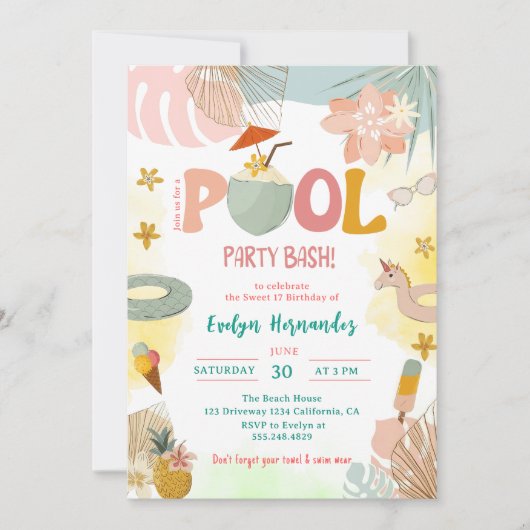 Invitation Pool Party Bash fête d'anniversaire (Devant)