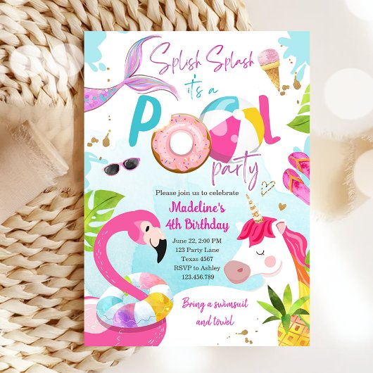 Invitation Pool Party Bash Unicorn Mermaid Flamant rose