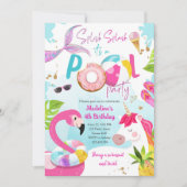 Invitation Pool Party Bash Unicorn Mermaid Flamant rose (Devant)
