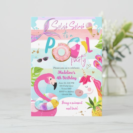 Invitation Pool Party Bash Unicorn Mermaid Flamant rose (Debout devant)