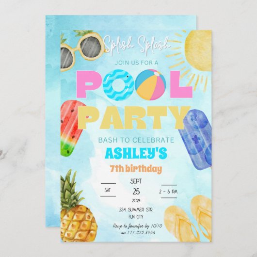 Invitation Pool Party Bids Enfants Splish Splash Anniversaire (Devant / Derrière)
