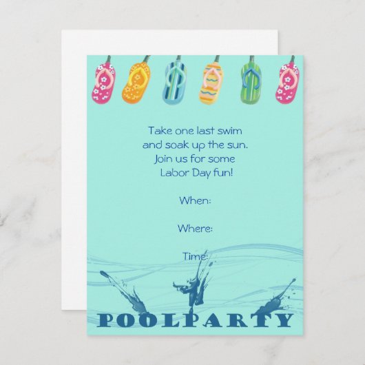Invitation Pool Party et tongs sur Arrière - plan bleu (Devant / Derrière)