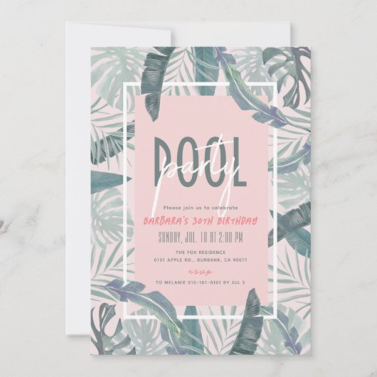 Invitation Pool Party Feuilles tropicaux rose Adulte Annivers (Devant)