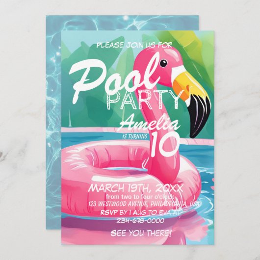 Invitation Pool Party Flamant rose fille 10e anniversaire (Devant / Derrière)