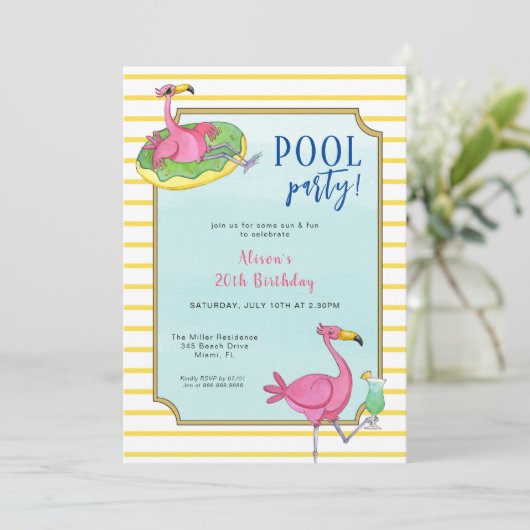 Invitation Pool Party Flamants roses roses Anniversaire (Debout devant)