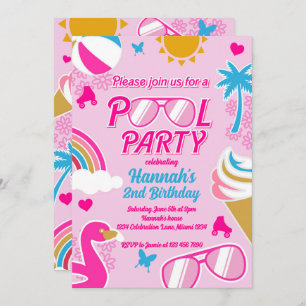 Invitation Pool Party Malibu Beach Anniversaire Girl Doll été