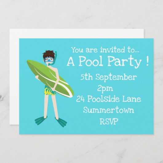 Invitation Pool Party mignonne et bleu moderne (Devant / Derrière)