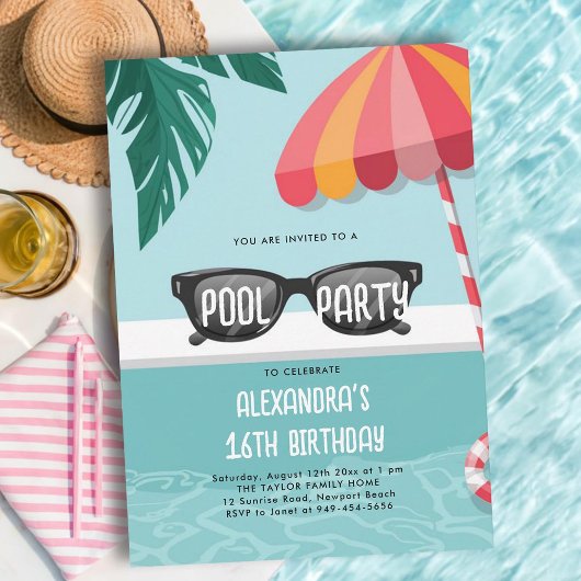 Invitation Pool Party Moderne Tropical Feuilles Amusants doux
