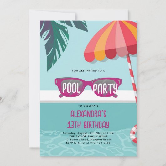 Invitation Pool Party moderne Tropical Leaf mignon Ado Annive (Devant)