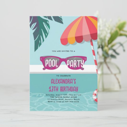 Invitation Pool Party moderne Tropical Leaf mignon Ado Annive (Debout devant)