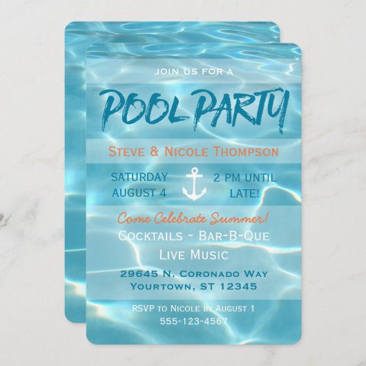 Invitation Pool Party Nautique Eté Aqua Orange et blanc (Devant / Derrière)
