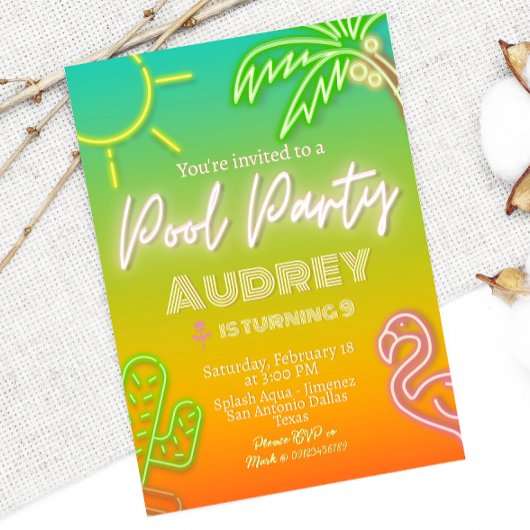Invitation Pool Party Neon Tropical