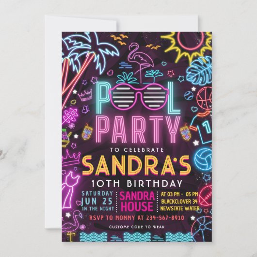 Invitation Pool Party Night | Neon Glow Birthday Party (Devant)