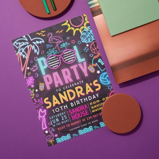 Invitation Pool Party Night | Neon Glow Birthday Party