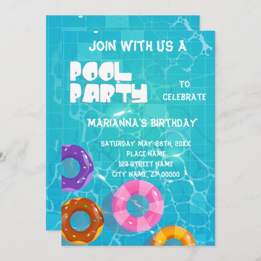Invitation Pool Party N'importe quel âge Anniversaire (Devant / Derrière)