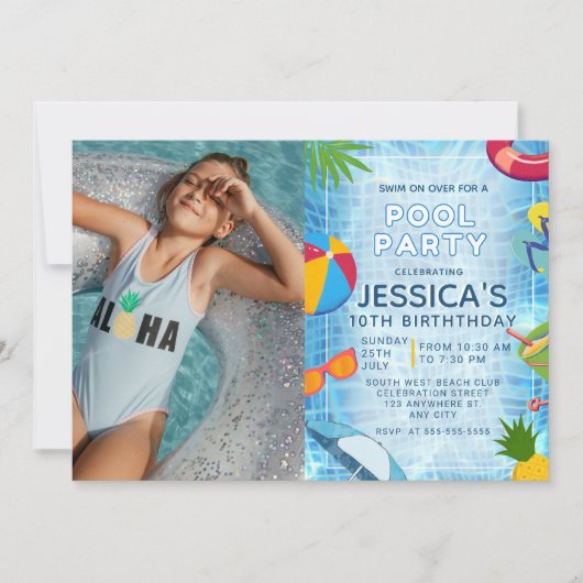Invitation Pool Party Photo Splish Splash Pool Anniversaire (Devant)