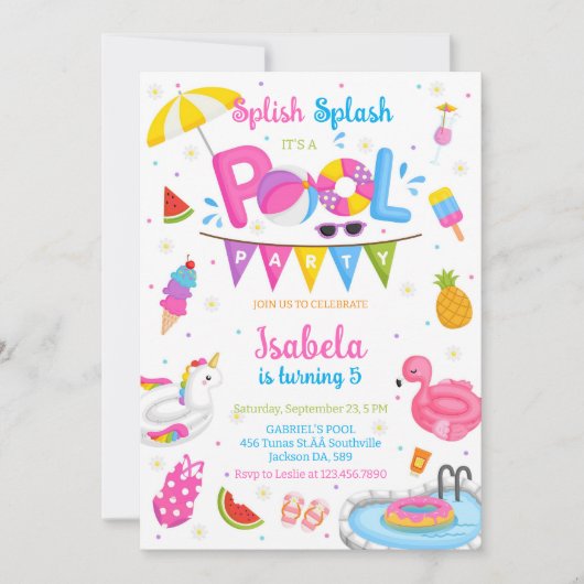 Invitation Pool Party Splish Splash Summer Beach Birthday  (Devant)