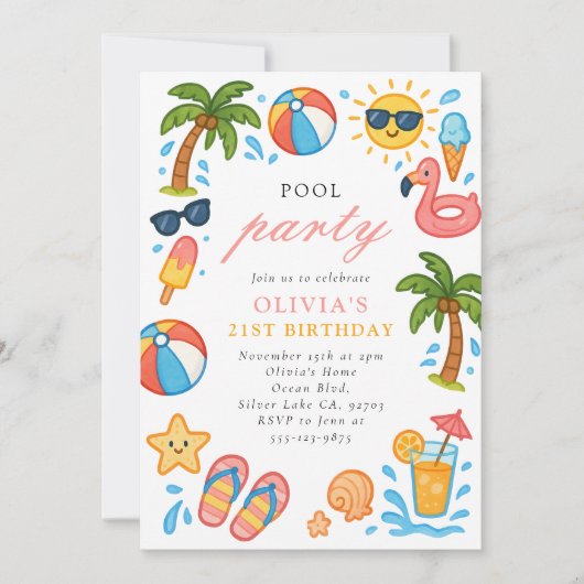 Invitation Pool Party Tropical Summer Birthday Party (Devant)
