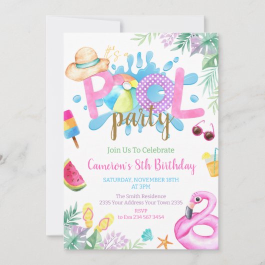 Invitation Pool Party Tropical Summer Pool Birthday Party (Devant)