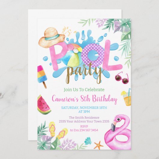 Invitation Pool Party Tropical Summer Pool Birthday Party (Devant / Derrière)