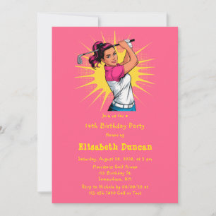 Invitation Pop Art Girl Golfer fête d'anniversaire
