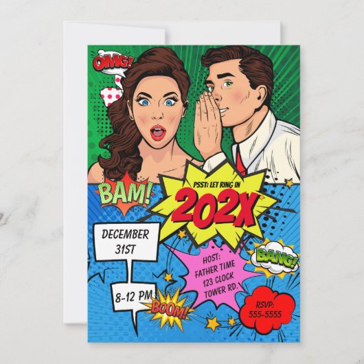 Invitation Pop Art New Years Eve Party Comic (Devant)
