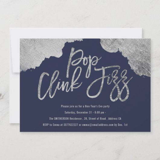 Invitation Pop clink fizz script bleu argent Nouvel An Eve (Devant)